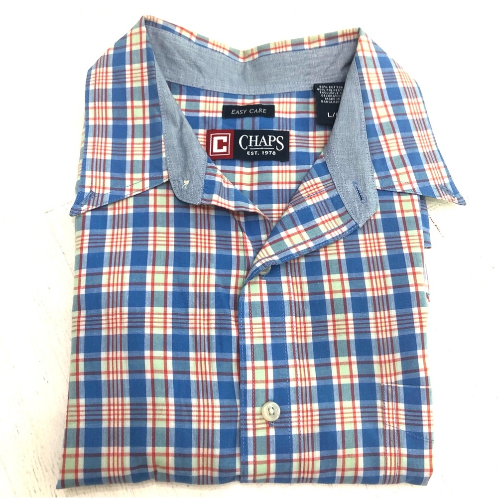 Chaps Easy Care Plaid L Men Button Up Short Sleeve Shirt